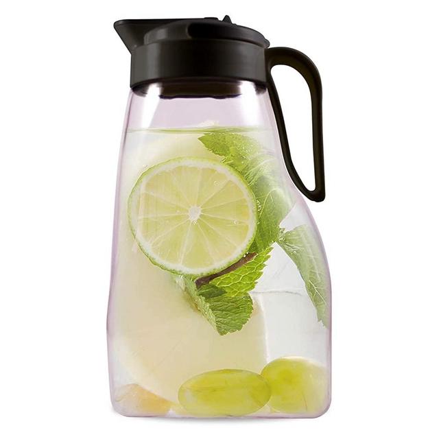 LargePour Airtight Pitcher with Locking Spout and Carry Handle Japanese Made - For Water Coffee, Tea & Other Beverages - 3.2 Quarts - Clear with Black Top
