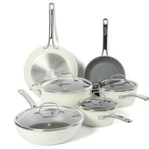 Sur La Table Kitchen Essentials 10 Piece PFA Free Non-Toxic Titanium Ceramic Nonstick Interior Forged Aluminum Cookware Pots and Pans Set - Linen White - Induction Compatible