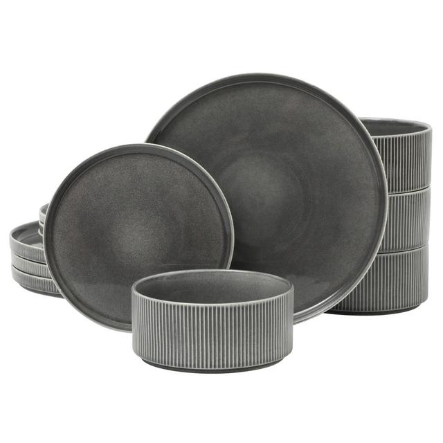 Gibson Elite Solana Coast 12 Piece Stoneware Reactive Glaze Ceramic Plates and Bowls Modern Shape Embossed Dinnerware Set - Black