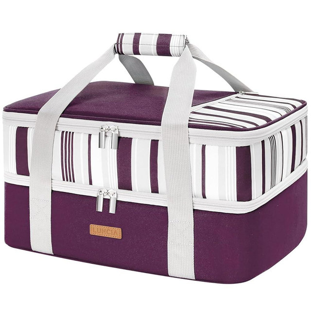 LUNCIA Double Decker Insulated Casserole Carrier for Hot or Cold Food, Lasagna Lugger Tote for Potluck Parties/Picnic/Cookouts, Fits 9"×13" Baking Dish, Purple