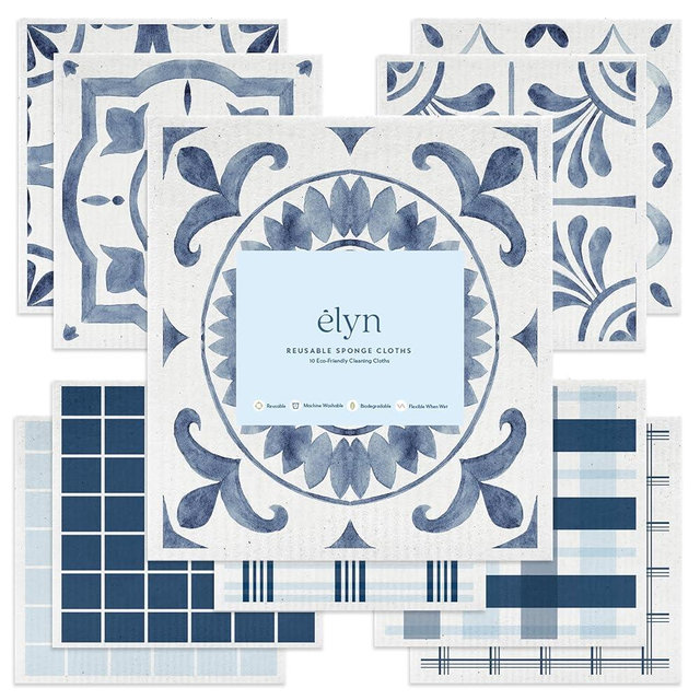 ELYN Swedish Dishcloths, Reusable & Washable Sponge Cloths, Absorbent Cleaning Paper Towels for Kitchen, Dishes, Counters and More, 10 Pack, Assorted Morrocan, Stripe & Plaid Patterns