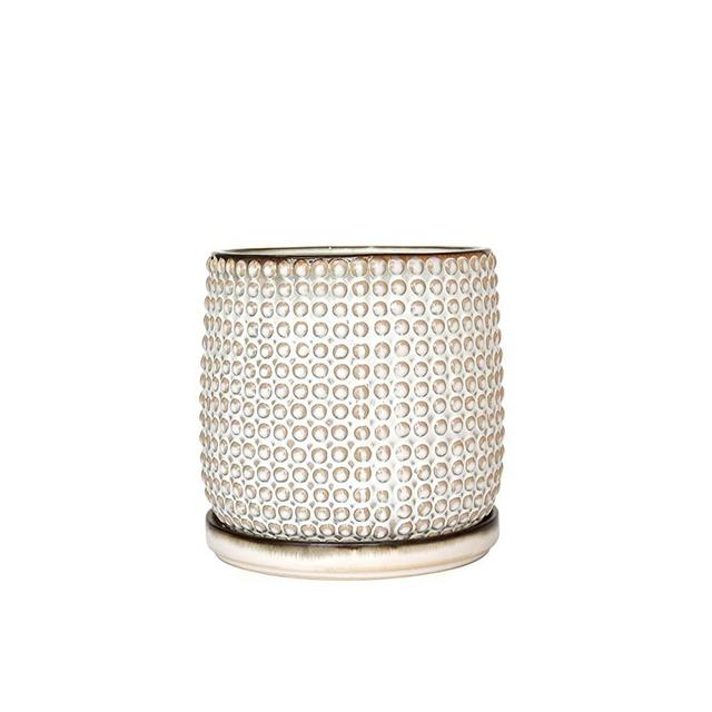 Beaded Stoneware Planter Pot for Plants with Drainage Hole and Saucer, 6 Inch, Smoked White