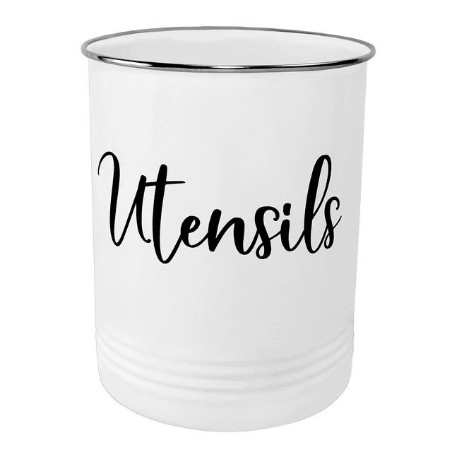 Home Acre Designs Kitchen Utensil Holder Utensil Crocks Countertop Organizer Vintage Farmhouse Kitchen Decor Caddy for Utensils, Utensil Holder Stainless Steel Rim White