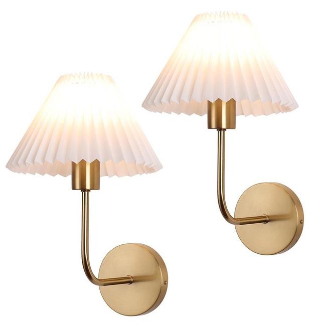 Wall Sconces Sets of 2, White Pleated Fabric lampshade, Brushed Gold Wall Lamp Curved Wall Lighting Bathroom Dresser Hardwired sconces wall decor Fixture Applicable to Living Room Bedroom Dining Room
