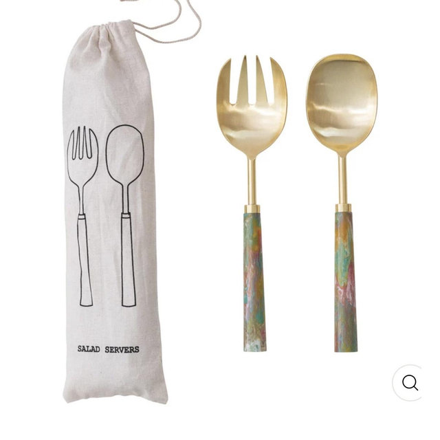 Salad Servers w/ Pink & Green Marbled Resin Handles -Set of 2