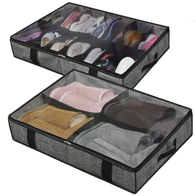 Onlyeasy Under Bed Shoe Storage Organizer for Closet - Set of 2, Fits 14+4 Pairs - Underbed Storage Solution Shoes Container Box with Clear Cover, Linen-like Black, MXAUBS14S4