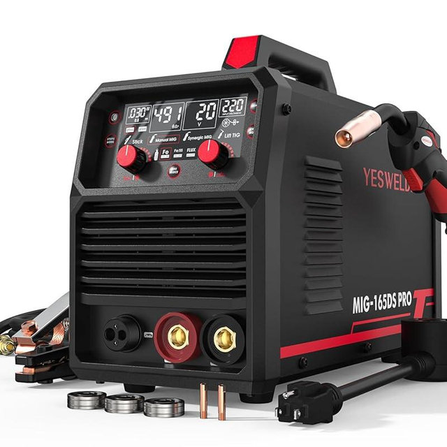 YESWELDER 165A MIG Welder, Flux Core MIG/Gas MIG/Lift TIG/Stick 4 in 1 Multi-process Welding Machine, LED Digital Display Synergic Control 110V/220V Dual Voltage MIG-165DS PRO