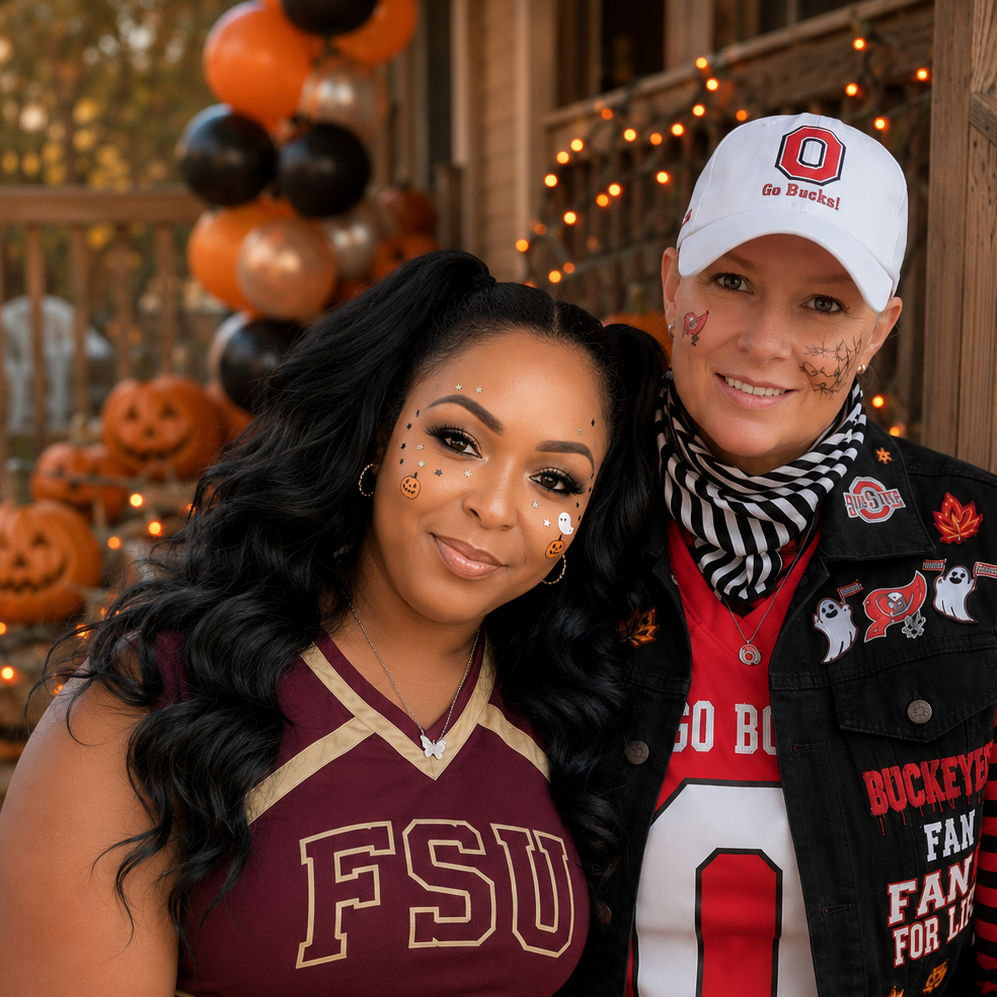 :jack_o_lantern::football: First Halloween Together • 2024 :orange_heart: Dressed as our favorite football teams, but cheering for the same forever. :heart::yellow_heart::green_heart: