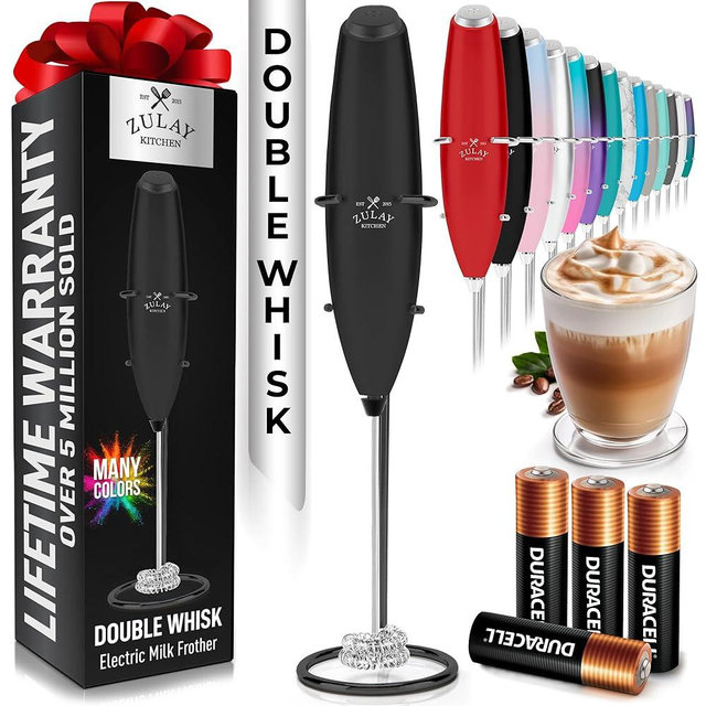 Zulay Kitchen Whisk Milk Frother with 4 Duracell Batteries - Powerful Handheld Foam Maker for Coffee, Lattes, Matcha, Hot Chocolate & Cappuccinos - Whip Creamy Froth in Seconds