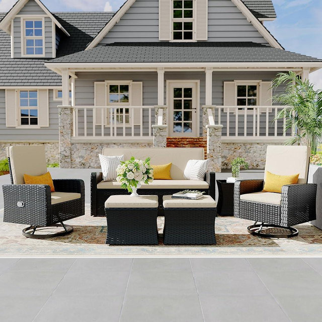 QUYZE 6 Piece Patio Furniture Set, Wicker Patio Conversation Sets with Swivel & Recline Chairs, Outdoor Sectional Sofa Sets with 4 Storage Ottoman, Outdoor Patio Recline Set for Backyard
