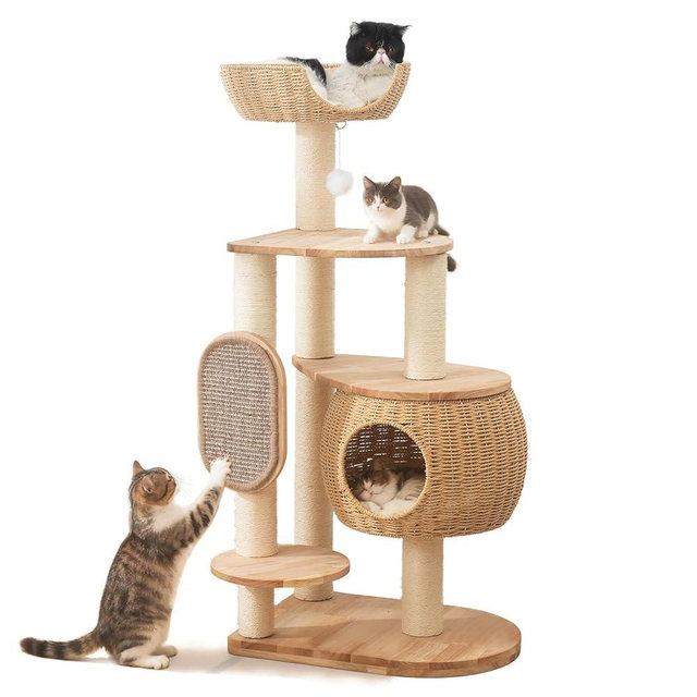 Modern Cat Tree，Cat Tower with Scratching Post, Handwoven Pumpkin Nests and Baskets,Sisal Blanket