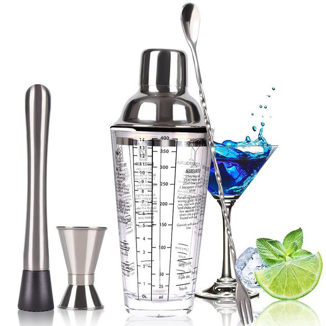 Cocktail Shaker Set,14 oz Glass Mixing Cup with Measurements, Stainless Steel Martini Mixer, Muddler, Jigger, Spoon, 4 Piece Bar Tool Kit