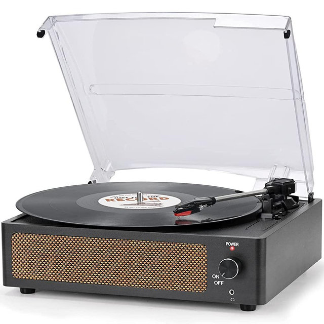 Vinyl Record Player with Speaker Vintage Turntable for Vinyl Records, Belt-Driven Turntable Support 3-Speed, Wireless Playback, Headphone, AUX-in, RCA Line LP Vinyl Players for Sound Enjoyment Black