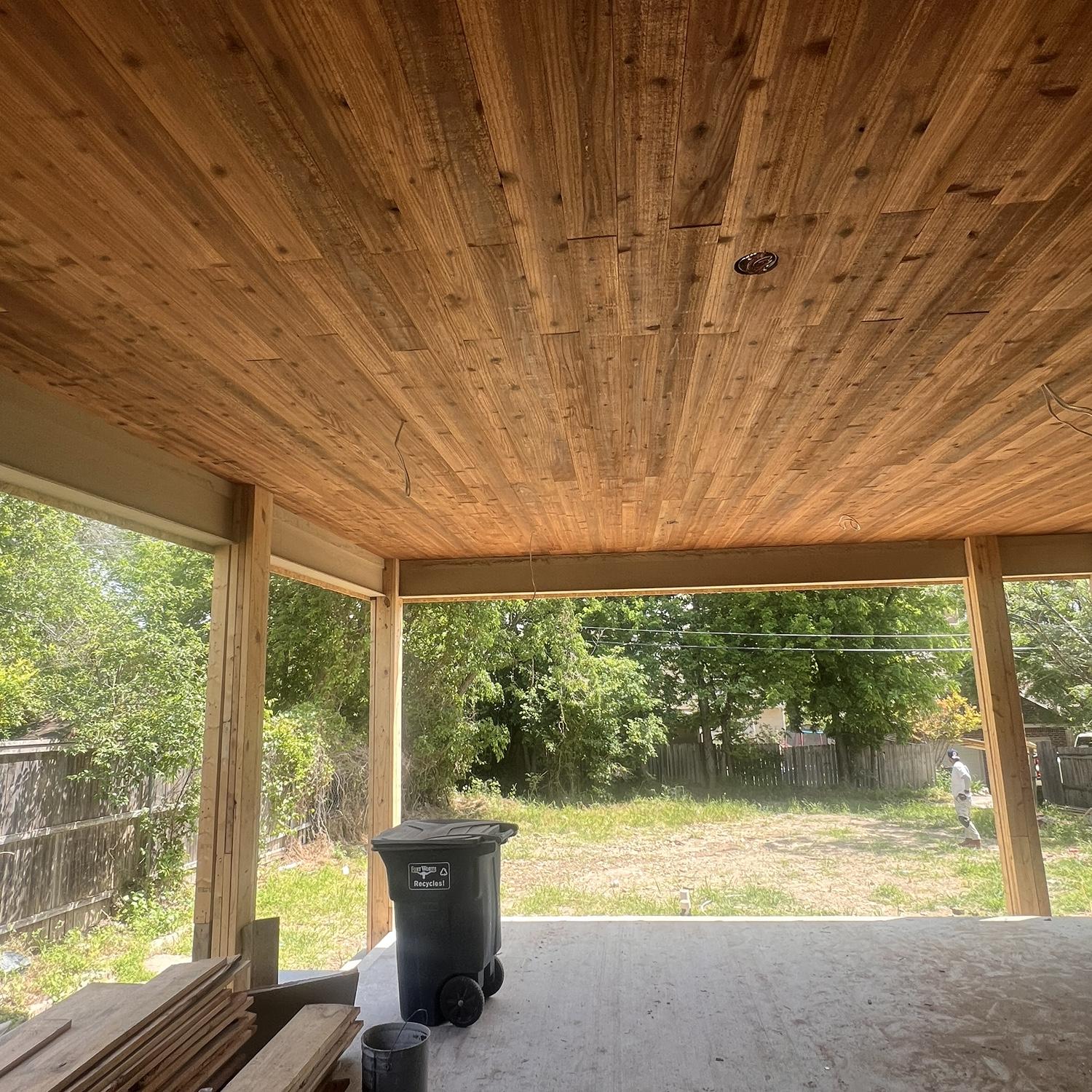 No rear shed, and all so beautiful cedar ceiling for our outdoor living area.