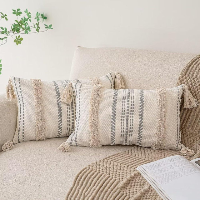 BUIOVBEY Boho Throw Pillow Covers 12x20 Set of 2 Woven Tufted Farmhouse Pillows Cover with Tassels Textured Striped Cushion Case Lumbar Pillow Cases Decorative Pillowcase for Sofa, Couch, Bed, Khaki