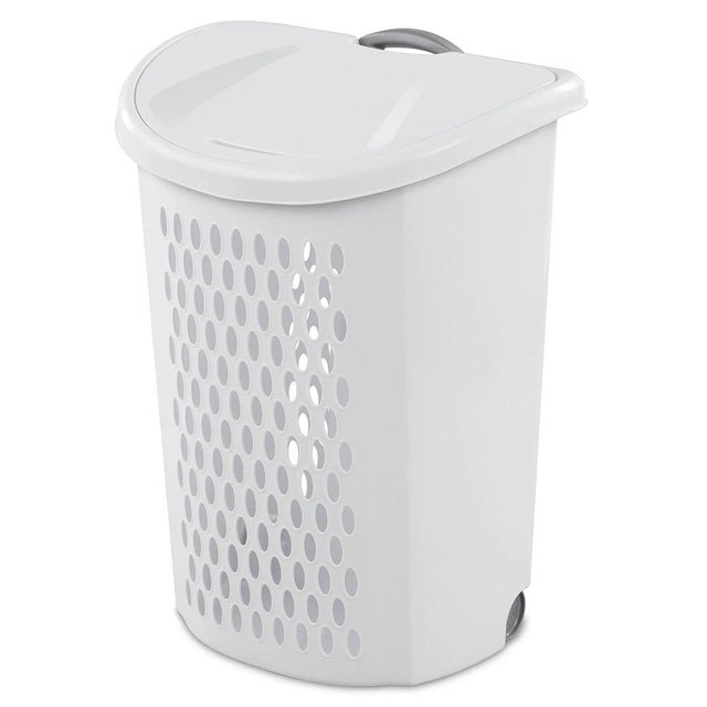 Ultra Wheeled Design Clothes Laundry Basket, Mind Reader Basket Collection，135 Liter （20 1/8" x 15 3/8" x 26 3/4"）Capacity, Laundry Hamper White Lid & Base w/Plastic Handle & Wheels