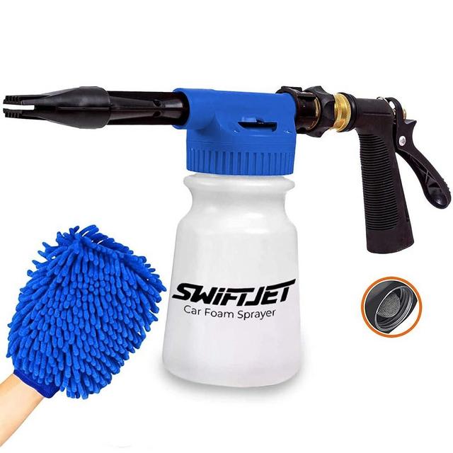 SwiftJet Car Wash Foam Gun Sprayer with Microfiber Wash Mit - Adjustable Water Pressure & Soap Ratio Dial - Foam Cannon Attaches to Any Garden Hose (Foam Sprayer with Wash Mit - Blue)