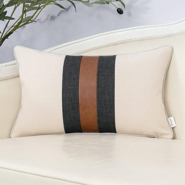 Yangest Patchwork Pillow Cover 12x20 Inch Luxury Cotton and Linen Cushion Cover Faux Leather Pillowcover for Couch Bedroom Living Room, White