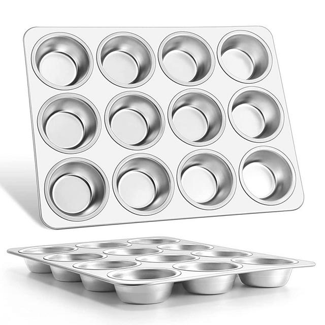 Muffin Pan 12-Cup, E-far Stainless Steel Cupcake Pan Metal Muffin Baking Tins for Oven, Regular Size & Easy Clean, Non-toxic & Dishwasher Safe-2 Pack