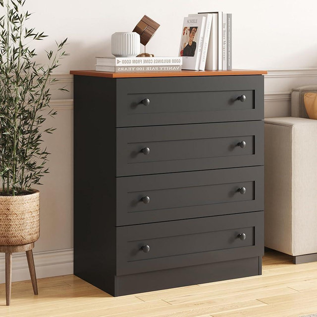 Furnify 4 Drawer Dresser, Black Dresser Modern Storage Chest of Drawers, Farmhouse Storage Cabinet Organizer with 4 Drawers for Living Room, Entryway, Hallway, Black
