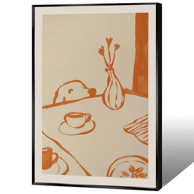 Vintage Dog Kitchen Canvas Wall Art Coffee Picture Scandi Breakfast Posters Minimalist Orange Sneaky Dog Prints Abstract Animal Aesthetic Picture For Home Dorm Wall Decor 24x36in Unframed