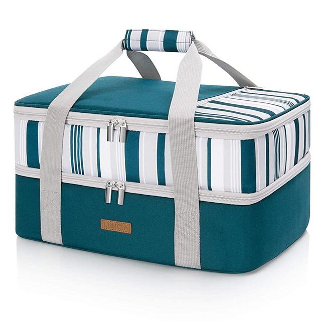 LUNCIA Double Decker Insulated Casserole Carrier for Hot or Cold Food, Lasagna Holder Tote for Potluck Parties/Picnic/Cookouts, Fits 9"x13" Baking Dish, Green