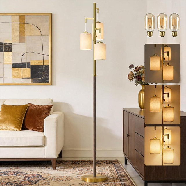 G-SAFAVA 70" Dimmable Floor Lamp Wood Floor Lamps for Living Room Bedroom Mid Century Modern Floor Lamp Gold Standing Lamp Tall Lamps for Office Nursery Reading Elegant Stand Up Lamp, 3 Bulbs Included