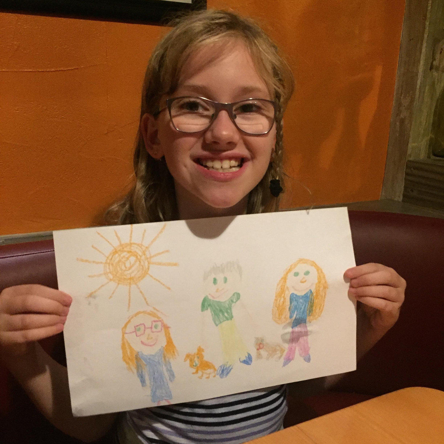 Hazel drew a family portrait! From left to right its Hazel, Penny, Stephen, Chloe and Rebecca!