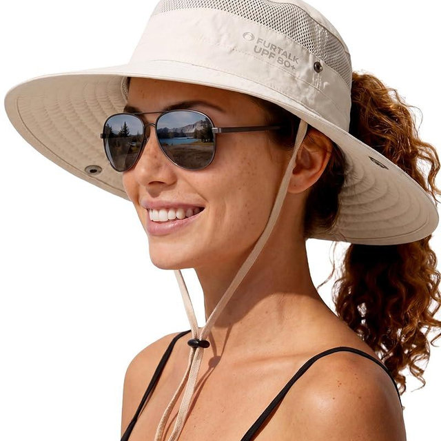 FURTALK Sun Hats for Women with Ponytail Hole Beach Hiking Summer Wide Brim Outdoor UV Protection Packable Bucket Safari Hat