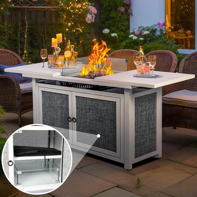 BOVONO 42inch Propane Fire Pit Table, Rectangular Gas Firepit Table with Removable Desktop,2 Tier Storage shelves, Tempered Glass and Rain Cover for Garden, Patio & Backyard (White)