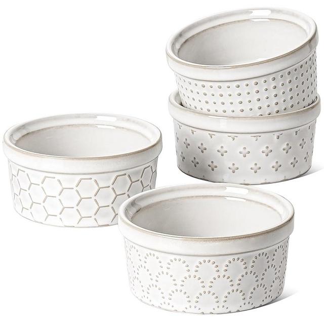 LE TAUCI Ramekins 4 oz, Ceramic Souffle Dishes, Ramekin for Creme Brulee, Lava Cakes, Pudding, Custard Cups, Souffle, Pot Pie, Dip Sauce -4 inch, Set of 4, Arctic White