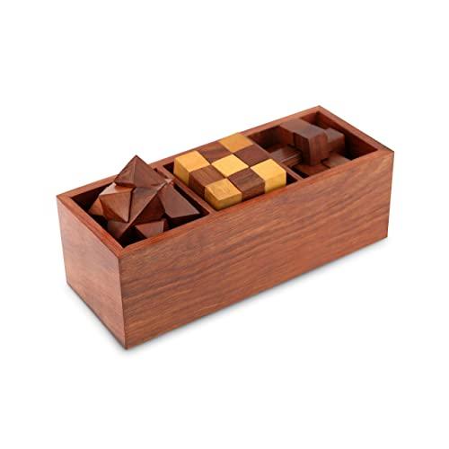 Artncraft 3-in-One Wooden Puzzle Games Set - 3D Puzzles for Teens and Adults - Includes Wood Interlocking Blocks, Diagonal Burr, and Snake Cube in Storage Box