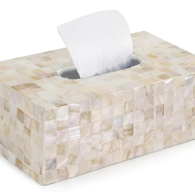 PEMAR Rectangular Mother of Pearl Lacquer Nacre Inlay Wood Tissue Box, Handmade Rectangle Tissue Box Cover Holder Decorative Napkin Dispenser Organizer Rustic Farmhouse Vintage Decor (White Sand)