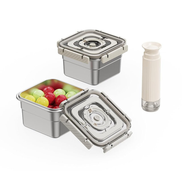 Domsanistor Stainless Steel Vacuum Food Storage Container with Handle- 2pack(1850ml), Large Capacity Leak-Proof Lunch Box with Hand Pump, Freezer & Dishwasher Safe - Portable for Work, Picnics