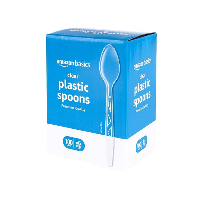 Amazon Basics Disposable Clear Plastic Spoons, Premium Quality, 100 Count, Large Pack