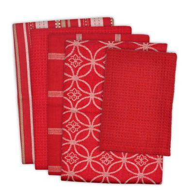 Design Imports 5-Piece Patterned Kitchen Towel and Dish Cloth Set in Red/White