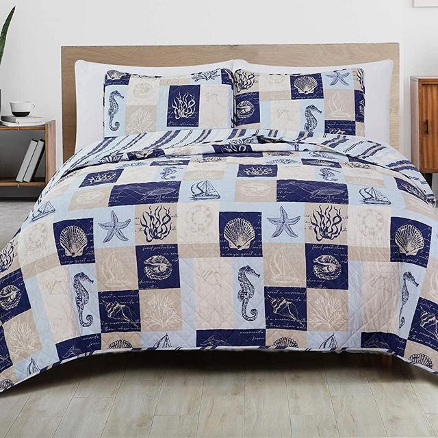 3-Piece Reversible Quilt Set with Shams. All-Season Coastal Beach Theme Bedspread Coverlet. Caspian Collection (Full / Queen, Navy / Taupe)