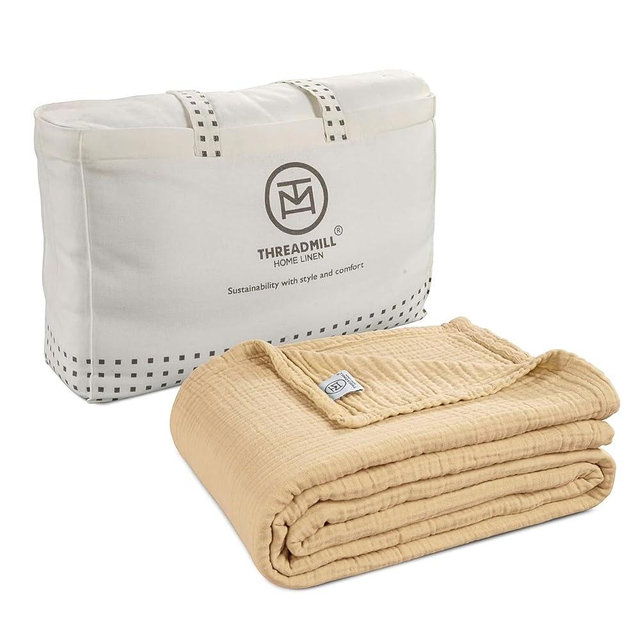 Threadmill King Size Blanket | 4 Layer 100% Cotton Gauze | Lightweight, Breathable, and Cozy Summer |Muslin Blanket for Couch, Bed| Beige
