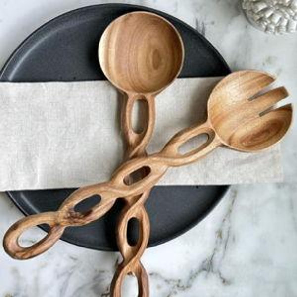 13" Wood Salad Tongs For Serving, Acacia Wood Kitchen Utensils Set, Salad Mixing Dinner Fork and Spoon Long Handle Salad Server Set Kitchen, Housewarming Gift Ideas, Set of 2 (Acacia Wood)
