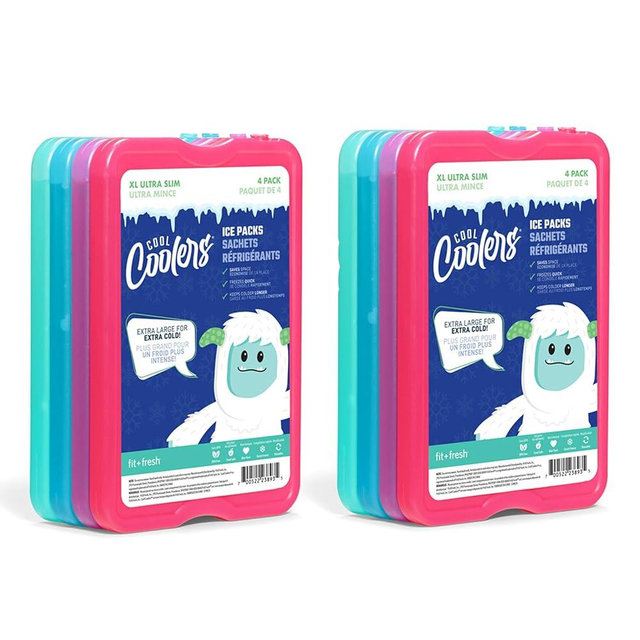 Cool Coolers by Fit + Fresh, Reusable & Long-Lasting XL Slim Ice Packs, Cold Packs for Lunch Boxes, ice Pack for Lunch Bags. Cooler Accessories for Camping, Beach, Lunch, and Work, 8PK, Multicolored