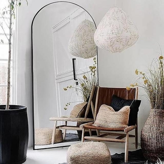 Otlsh Floor Mirror, 76"×34" Arched Full Length Mirror Arched with Stand, Standing Mirror, Full Body Mirror, Large Mirror, Arched Wall Mirror, Freestanding, Aluminum Frame - Black