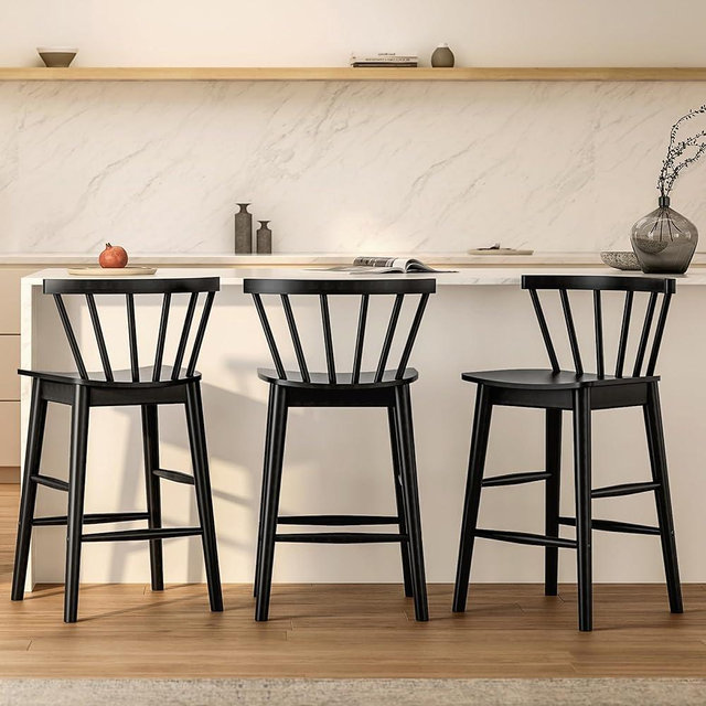 HoeuThien Wood Bar Stools Set of 3, 24" Solid Wood Element Counter Height Barstools, Modern Armless Farmhouse Wooden Bar Dining Chairs with Back & Footrest for Kitchen Island Black