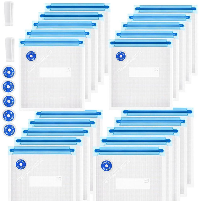 Sous Vide Bags Reusable 27Pcs, BPA Free Food Vacuum Sealer Bag, Food Storage Bag, Vacuum Zipper Bags for Sous Vide Cooking - 20Pcs Food Sealer Bag & 5 Air Valves & 2 Seal Clips (8.5X8.5 in) 1.4L