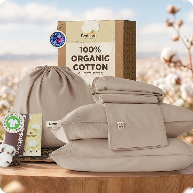 Bedsure 100% GOTS Certified Organic Cotton Sheets, Queen Sheet Set, 17" Deep Pocket Bedsheets with Corner Straps, Eco-Friendly, Soft, Breathable & Luxury PureWoven Cotton Hotel Bedding, Light Brown