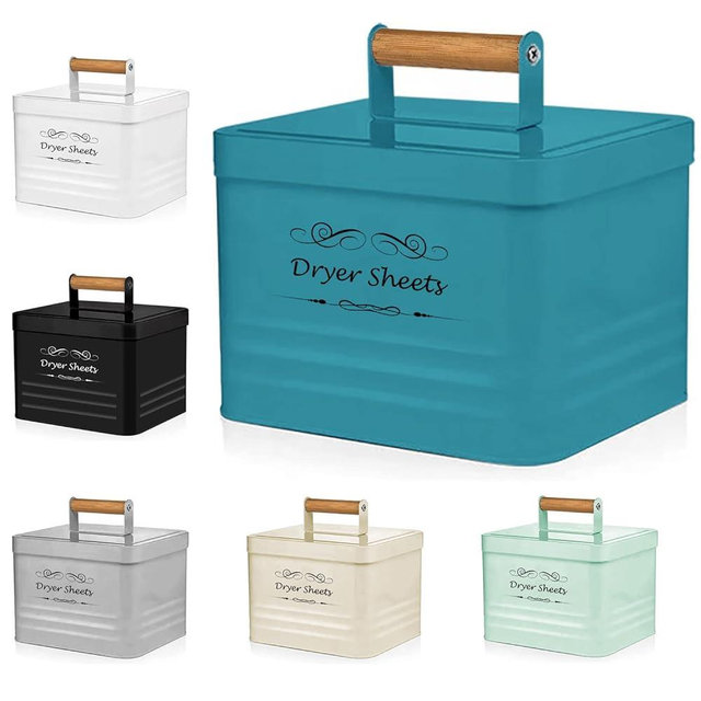 ELITAPRO Dryer Sheets Holder Modern Farmhouse Dryer Sheet Dispenser Container, Metal Dryer Sheet Box, Farmhouse Decor with Lid, Lint Bin for Laundry room, Storage Box, laundry room decoration, Teal