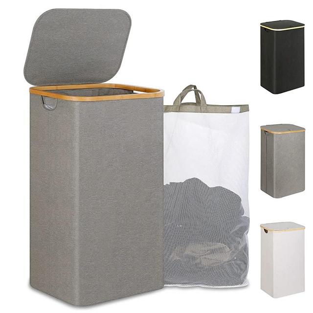iEGrow Laundry Hamper with Lid, 110L Large Laundry Hamper with Handle and Lid, Collapsible Clothes Bsket Organizer with Removable Inner Bag for Clothing Toys Towels - Grey
