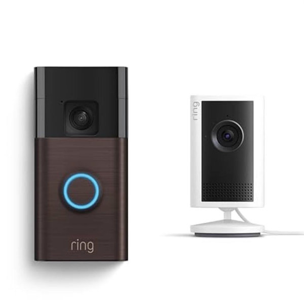 Ring Indoor Cam Plus, Plug-In (Newest Model), White with Battery Doorbell, Venetian Bronze