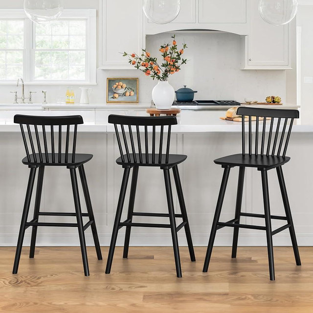 LUE BONA Upgraded Windsor Wooden Black Bar Stools Set of 3, 30 Inch Bar Height Barstools with Spindle Back/Bigger Seat for Kitchen Island