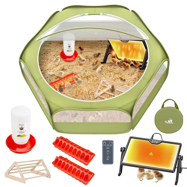 Pawaboo 6-in-1 Chicken Brooder Box for Chick Starter Kit, Includes Pet Cage Tent, Brooders Heating Plate, Chicks Perch, Feeder and 1.1L Chick Waterer, Chicks Supplies (Brooder Set)