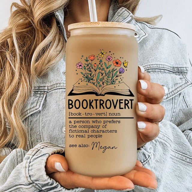 Personalized Booktrovert Glass Tumbler with Bamboo Lid and Straw, Custom Book Lover Gift for Readers, Gifts for Bookworms (SC-BKM3IT)